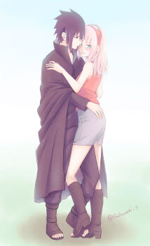 1boy 1girl black_boots black_cloak black_eyes black_hair black_pants black_shirt blush boots cloak couple full_body green_eyes grey_skirt haruno_sakura hetero highres hug konohagakure_symbol long_sleeves medium_hair mochiii-s naruto_(series) naruto_shippuuden open-toe_boots open_mouth pants pink_hair red_shirt shirt skirt sleeveless sleeveless_shirt sweatdrop uchiha_sasuke