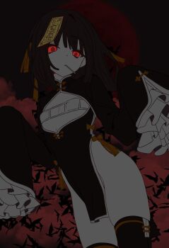 1girl bikini black_dress black_hair black_thighhighs breastless_clothes china_dress chinese_clothes cigarette closed_mouth dress eyepatch_bikini flat_chest frilled_sleeves frills glowing glowing_eyes highres jiangshi limbus_company looking_at_viewer medium_hair moon ofuda ofuda_on_head project_moon red_moon ribbon rodionlotte ryoshu_(project_moon) solo swimsuit tassel thighhighs white_bikini yellow_ribbon