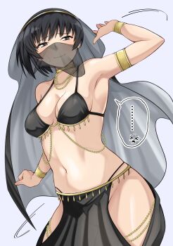 ... 1girl absurdres amagami arm_up armpits black_eyes black_hair breasts chain cleavage clothing_cutout commentary gold_chain harem_outfit highres hip_vent jishaku_(user_rcuz2843) looking_at_viewer motion_lines mouth_veil navel no_panties short_hair solo speech_bubble spoken_ellipsis tsukahara_hibiki veil