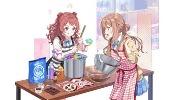 2girls apron blue_eyes book bottle bowl brown_hair cardigan chocolate coffee_maker collared_shirt cooking_pot drink_carton english_text gakuen_idolmaster game_cg hanami_saki heart highres himesaki_rinami holding idolmaster licking_lips milk_carton multiple_girls musical_note neck_ribbon official_art open_book open_mouth profile rainbow_liquid red_hair ribbon shirt skirt star_(symbol) stirring striped_clothes table tongue tongue_out twintails whey_protein_powder white_shirt