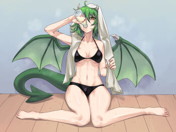 1girl absurdres against_wall ahoge barefoot bikini black_bikini black_panties bottle breasts breasts_apart commentary_request covered_groin dra_combo draco_centauros dragon_girl dragon_horns dragon_tail dragon_wings drinking green_hair green_tail green_wings groin hair_between_eyes highres holding holding_towel horns kneeling leaning looking_at_viewer madou_monogatari medium_breasts milk milk_bottle monster_girl navel panties pointy_ears puyopuyo slit_pupils solo steaming_body sweat swimsuit tail towel towel_on_head underwear wings wooden_floor yellow_eyes