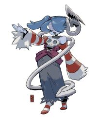 Rule 34 | 1girl, 770mk, blue hair, blue skin, closed eyes, colored skin, detached collar, detached sleeves, dress, full body, hair over one eye, leviathan (skullgirls), music, open mouth, side ponytail, singing, skullgirls, socks, solo, squigly (skullgirls), standing, stitched mouth, stitches, striped clothes, striped sleeves, striped socks, white background, wide hips, zombie