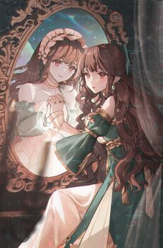 2girls bamcream bare_shoulders bow brown_eyes brown_hair closed_mouth commentary commission detached_sleeves dress earrings english_commentary feet_out_of_frame green_bow green_nails green_sleeves hair_bow hairband holding_hands jewelry long_hair multiple_girls nail_polish original parted_lips sitting smile through_medium through_mirror watermark white_dress white_hairband