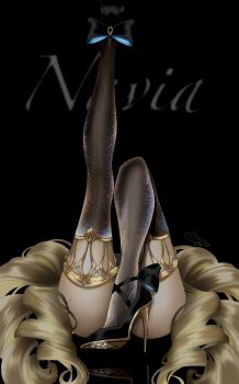 1girl black_background black_thighhighs blonde_hair character_name commentary drill_hair english_commentary genshin_impact high_heels highres leg_focus legs_up long_hair lying meowkaly mole mole_on_thigh navia_(genshin_impact) solo thighhighs very_long_hair