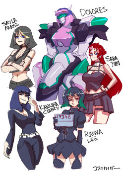4girls absurdres alternate_costume alternate_hair_color annoyed artist_name black_gloves black_hair black_nails black_pants black_skirt blonde_hair blue_eyes blue_hair blue_lips breasts character_name choujuu_kishin_dancouga cleavage commentary cosmikaizer crossed_arms crossed_legs crossover dancouga_(series) detached_sleeves dolores elbow_gloves english_commentary fishnet_sleeves fishnets gloves green_hair gundam hand_on_own_hip head_tilt highres holding kanuka_clancy kidou_keisatsu_patlabor long_hair macross macross_frontier mecha midriff mobile_suit mobile_suit_gundam multicolored_hair multiple_girls nail_polish navel orbital_frame_(zone_of_the_enders) pants pout ranka_lee robot sayla_mass short_hair sketch skirt smile streaked_hair thighhighs twintails v-shaped_eyebrows very_long_hair white_background yuki_sara zone_of_the_enders zone_of_the_enders:_dolores_i