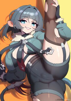 1girl :d animal_ears ass black_hair black_necktie black_shorts blue_eyes breasts brown_thighhighs fingerless_gloves gloves gluteal_fold green_jacket grin highres jacket jane_doe_(zenless_zone_zero) kneepits large_breasts long_sleeves looking_at_viewer nail_polish necktie open_mouth orange_background red_nails shorts smile solo split standing standing_on_one_leg standing_split strongbana tail teeth thighhighs torn_clothes torn_thighhighs two-tone_background yellow_background zenless_zone_zero