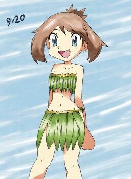 1girl absurdres amayzing2002 armpit_crease arms_behind_back bikini blue_eyes brown_hair clenched_hands collarbone day eyelashes fangs flat_chest grass_skirt groin happy happy_birthday highres knees leaf_bikini legs looking_at_viewer may_(pokemon) medium_hair midriff navel neck nintendo no_bra no_panties official_alternate_costume open_mouth outdoors pokemon pokemon_adventures revealing_clothes sidelocks sky smile standing swept_bangs swimsuit thighs tomboy topknot