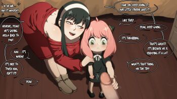 2girls absurdres anya_(spy_x_family) bare_shoulders bent_over black_dress black_hair black_shoes blush brown_shoes censored clenched_hands cone_hair_bun dress english_text full_body g_reaper green_eyes hair_bun hairband half-closed_eyes hand_on_another&#039;s_shoulder handjob highres leaning_forward long_hair long_sleeves looking_at_another mary_janes medium_hair mosaic_censoring multiple_girls open_mouth paid_reward_available pigeon-toed pov pov_crotch red_dress red_eyes ribbon shoes sidelocks smile speech_bubble spy_x_family standing teeth upper_teeth_only white_hairband white_ribbon wooden_floor yor_briar