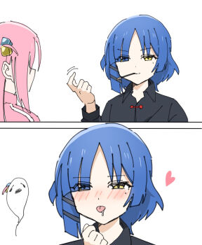 2girls after_kiss asymmetrical_hair beckoning black_shirt blush bocchi_the_rock! collared_shirt commentary cube_hair_ornament food food_in_mouth gotoh_hitori hair_ornament highres jacket long_hair meru_(user_uhsv8728) mole mole_under_eye multiple_girls pink_hair pink_jacket pocky pocky_day pocky_in_mouth shirt simple_background track_jacket white_background yamada_ryo yellow_eyes yuri