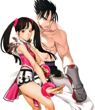 1boy 1girl black_hair bracelet breasts brown_hair china_dress chinese_clothes closed_mouth dress hair_ornament jewelry kazama_jin ling_xiaoyu long_hair namco o3o sakamoto_mineji short_shorts shorts simple_background tekken tekken_3 tekken_4 tekken_5 tekken_5_(dark_resurrection) tekken_6 tekken_7 tekken_blood_vengeance tekken_tag_tournament tekken_tag_tournament_2 twintails white_background