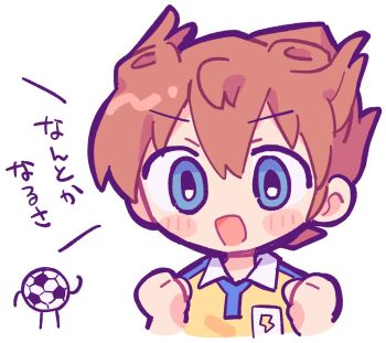>:) 1boy ball blue_eyes brown_hair commentary_request highres original playing_sports richard_(richaball) shirt smile soccer soccer_ball soccer_uniform sportswear t-shirt translation_request v-shaped_eyebrows