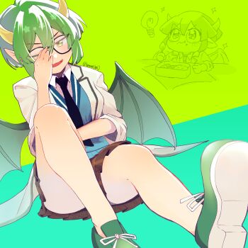Rule 34 | + +, 1girl, absurdres, adjusting eyewear, bento, black-framed eyewear, black necktie, blazer, brown skirt, chibi, coat, collar, commentary request, draco centauros, eating, fang, food, food on face, green hair, green shoes, green wings, highres, horns, jacket, light bulb, long sleeves, madou monogatari, necktie, one eye closed, open clothes, open coat, open mouth, pointy ears, puyopuyo, shoes, short hair, sidelocks, signature, skirt, sneakers, solo, sparkle, spoon, sweater vest, tamamiyau, two-tone background, wings, yellow eyes
