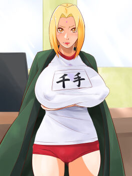 1girl blonde_hair breasts closed_mouth covered_erect_nipples female_focus gym_uniform highres huge_breasts japanese_text naruto_(series) panties sahara_wataru short_hair smile source_request text_focus translation_request tsunade_(naruto) underwear yellow_eyes