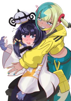 Rule 34 | 2girls, absurdres, belt, black belt, black dress, black hair, blunt bangs, blush, canari (pokemon), coat, commentary request, cropped jacket, dress, eyelashes, gloves, grabbing another's hair, green pants, grey eyes, grin, gwynn (pokemon), hat, highres, holding another's hair, hood, hood down, hooded jacket, hug, hug from behind, jacket, k0oo 0, long sleeves, looking at viewer, mask, mask pull, mouth mask, multicolored nails, multiple girls, nail polish, nintendo, open mouth, pants, partially fingerless gloves, pokemon, pokemon legends: z-a, smile, teeth, white background, white coat, yellow jacket, yuri