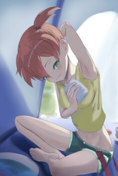 1girl arm_up armpits bare_arms bare_legs barefoot blush breasts closed_mouth collarbone crop_top cropped_shirt eyelashes feet gen_1_pokemon green_eyes green_shorts hair_between_eyes hair_tie hand_up holding holding_poke_ball indian_style indoors legs looking_at_viewer looking_down medium_breasts midriff misty_(pokemon) navel nintendo orange_hair poke_ball poke_ball_(basic) pokemon pokemon_(anime) pokemon_(classic_anime) pokemon_(creature) pokemon_rgby ponytail psyduck shirt short_hair short_shorts shorts side_ponytail sitting sleeveless sleeveless_shirt solo suspender_shorts suspenders toes yellow_shirt