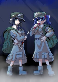 2girls backpack bag black_hair blue_eyes blue_hair hair_bobbles hair_ornament hat kappa kappa_mob_(touhou) kawashiro_nitori key kieyza long_sleeves multiple_girls open_mouth shirt short_hair skirt smile solo tools touhou twintails two_side_up