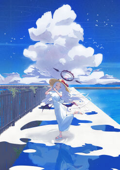 1girl absurdres blue_archive blue_sky bow cloud commentary_request cumulonimbus_cloud day demon_girl demon_horns demon_wings dress fence grin halo hat hat_bow heart heart_hands highres hina_(blue_archive) horns long_hair looking_at_viewer low_wings multiple_horns outdoors platform_sandals purple_eyes purple_halo purple_horns purple_wings red_bow reflection reflective_liquid ring_of_light_(blue_archive) sandals scenery search_illust simple_bird sky smile solo standing standing_on_one_leg straw_hat water white_dress white_hair wide_shot wings