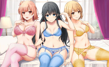 Rule 34 | 3girls, absurdres, bed, bedroom, black hair, blonde hair, blue bra, blue eyes, blue panties, blue thighhighs, blush, bow, bow bra, bow panties, bra, breasts, cameltoe, cleavage, closed mouth, collarbone, crossed legs, curtains, frilled garter belt, garter belt, gluteal fold, hair bun, hair ribbon, hand on own chest, hand up, highres, inanaki shiki, indoors, invisible chair, isshiki iroha, lace, lace-trimmed bra, lace-trimmed thighhighs, lace thighhighs, lace trim, lamp, lingerie, long hair, looking at viewer, medium breasts, multiple girls, navel, on bed, open mouth, orange eyes, orange hair, panties, pillow, pink bra, pink panties, pink thighhighs, red ribbon, ribbon, short hair, side-tie panties, single hair bun, single side bun, sitting, small breasts, smile, solo, spread legs, string panties, thighhighs, thighs, underwear, underwear only, yahari ore no seishun lovecome wa machigatteiru., yellow bra, yellow eyes, yellow panties, yellow thighhighs, yuigahama yui, yukinoshita yukino