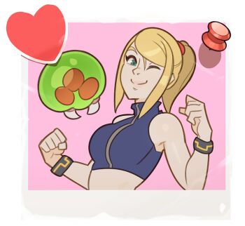 bare_shoulders blonde_hair blue_eyes crop_top heart metroid metroid_(creature) metroid_fusion nintendo one_eye_closed pin polaroid_photo ponytail samus_aran splashbrush super_smash_bros. transparent_background wink