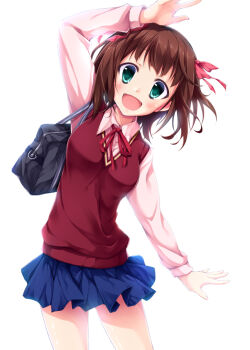 1girl :d amami_haruka arm_up bag brown_hair female_focus green_eyes hair_ribbon head_tilt idolmaster idolmaster_(classic) long_sleeves looking_at_viewer open_mouth pleated_skirt ribbon school_bag school_uniform short_hair skirt smile solo suien sweater_vest white_background