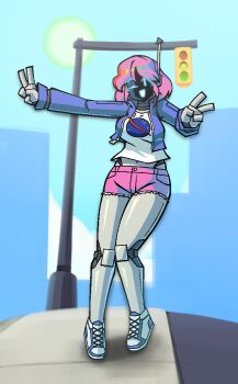 Rule 34 | 1girl, ;d, antenna, breasts, double v, highres, humanoid robot, jacket, joints, lamppost, large breasts, logo, mechanical arms, mechanical hands, midriff, nasa logo, one eye closed, open mouth, original, outdoors, peace symbol, pink hair, pink shorts, print shirt, purple jacket, road, robot, robot girl, robot joints, shirt, shoes, short hair, shorts, sidewalk, sirhoopsalot, sky, smile, sneakers, solo, street, sun, sunlight, traffic light, v, white shoes, wink