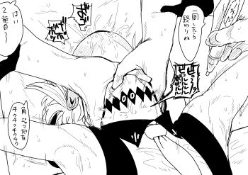 1girl 2boys absurdres blush commentary_request cum deepthroat fellatio greyscale highres holding holding_pen irrumatio kaiman_garupan levi_elipha monochrome motion_lines multiple_boys necktie nijisanji nude oral pen shirt sound_effects speech_bubble strangling sweat translation_request virtual_youtuber