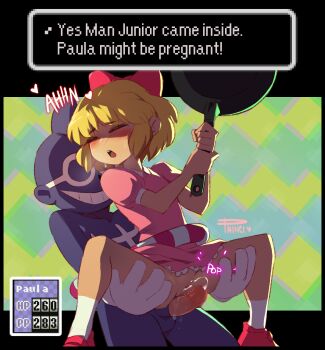 1boy 1girl blonde_hair blush bodysuit bow clitoris cowboy_shot cum cum_in_pussy dialogue_box dress english_text erection frying_pan gameplay_mechanics gloves green_background hair_bow heart hetero highres hoop hula_hoop letterboxed lifting_person loli mask medium_hair moaning mother_(series) mother_2 nintendo no_panties open_mouth paula_(mother_2) penis phinci puffy_short_sleeves puffy_sleeves pull_out pussy pussy_juice reverse_suspended_congress sex sex_from_behind shoes short_sleeves socks sweat yes_man_junior_(mother_2)