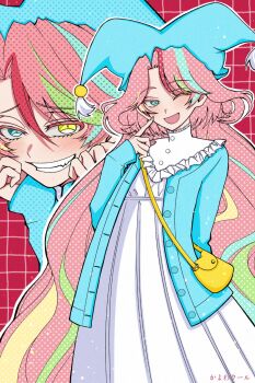 1girl bag blue_dress blue_eyes blue_jacket dress hat heterochromia highres jacket jikishirone kayowacool007 long_hair long_sleeves madan_no_ichi multicolored_hair one_eye_closed open_mouth pink_hair yellow_bag yellow_eyes