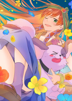 >_< absurdres bangle blue_flower blue_skirt blush_stickers bracelet brown_tunic chrono_cross commentary_request dog falling_petals flower green_eyes green_hairband hair_ribbon hairband highres jewelry leena_(chrono_cross) light_blush long_hair long_skirt one_eye_closed open_mouth orange_flower orange_hair petals poshul_(chrono_cross) purple_ribbon purple_socks ribbon sandals sidelocks skirt smile socks tongue tongue_out tunic yellow_flower zato_(chro1118)