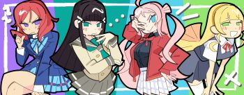 absurdres ahoge black_hair blonde_hair blue_eyes blunt_bangs bourbunbun commentary dress english_commentary green_eyes hair_bun hair_ornament hairband hairclip heanna_sumire highres jacket kurosawa_dia long_hair love_live! love_live!_nijigasaki_high_school_idol_club love_live!_school_idol_project love_live!_sunshine!! love_live!_superstar!! medium_hair mole mole_under_eye mole_under_mouth multiple_girls nijigasaki_school_uniform nishikino_maki otonokizaka_school_uniform pink_hair purple_eyes red_hair school_uniform serafuku shirt short_hair sidelocks skirt uranohoshi_school_uniform yuigaoka_school_uniform zhong_lanzhu