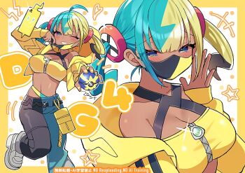 1girl ahoge aqua_hair aqua_pants bandeau black_hair black_mask blonde_hair blue_eyes breasts canari_(pokemon) cleavage commentary dark-skinned_female dark_skin gen_4_pokemon holding holding_poke_ball jacket looking_at_viewer mask medium_breasts mouth_mask multicolored_hair multiple_views nintendo pants poke_ball pokemon pokemon_legends:_z-a rotom rotom_phone shoes two-tone_mask two-tone_pants white_shoes yellow_bandeau yellow_jacket yellow_mask zest_(lossol)
