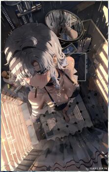 1girl absurdres barefoot bikini black_bikini black_choker black_nails blush breasts choker commentary_request ear_piercing from_above hair_between_eyes hani_haya highres large_breasts long_hair nail_polish open_clothes open_shirt original piercing shirt showering solo swimsuit toenail_polish toenails unlit_cigarette_in_mouth white_hair white_shirt