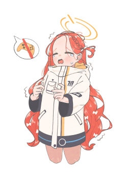 1girl absurdres blue_archive blue_eyes blush bow chinese_commentary closed_eyes commentary_request controller cropped_legs crying forehead game_controller hair_bow halo highres jacket liuzhengyang777 long_hair long_sleeves looking_at_viewer open_mouth orange_halo red_hair simple_background solo speech_bubble spoken_object tears very_long_hair white_background yuzu_(blue_archive)