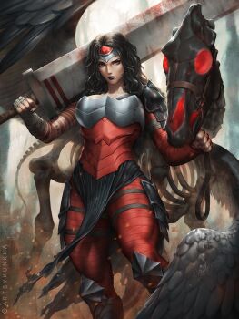 1girl absolute_dc absolute_wonder_woman arm_tattoo armor bandaged_leg bandages black_hair black_lips black_loincloth blood bloody_weapon comic_cover commentary dc_comics english_commentary fingerless_gloves forehead_protector gloves grey_armor grey_eyes highres holding holding_reins holding_sword holding_weapon huge_weapon kunkka long_hair looking_to_the_side muscular muscular_female official_art pauldrons pelvic_curtain red_armor red_bandage red_gloves reins shoulder_armor single_pauldron skeleton_horse solo_focus sword tattoo tattoo_sleeve thick_thighs thighs twitter_username undead weapon wings wonder_woman