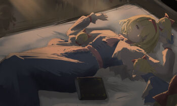 1girl alice_margatroid bed_sheet blonde_hair blue_dress blue_eyes book bow capelet closed_mouth commentary doll dress expressionless hair_between_eyes hairband highres hourai_doll long_sleeves looking_at_viewer lying medium_hair on_back on_bed red_bow shanghai_doll touhou umbrella3650 white_capelet white_sleeves