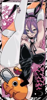 1girl absurdres animal_ear_hairband animal_ears arm_up black_choker black_hairband black_leotard black_ribbon breasts chainsaw_man choker commentary_request denji_(chainsaw_man) fake_animal_ears green_eyes grenade_pin hair_between_eyes hairband highres huge_breasts kinakomochi_(user_vedc2333) leg_hold leotard neck_ribbon playboy_bunny pochita_(chainsaw_man) purple_hair purple_nails rabbit_ear_hairband rabbit_ears reze_(chainsaw_man) ribbon split standing standing_on_one_leg standing_split strapless strapless_leotard thighhighs white_thighhighs