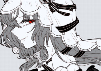 1girl absurdres bare_shoulders commentary_request dress ears_through_headwear grey_background hair_between_eyes hair_over_shoulder hair_ribbon halterneck hat hat_ribbon highres lav light_blush long_hair multicolored_hair parted_lips red_eyes ribbon rinren_(chun8chun8chun) sideways_glance simple_background sleeveless sleeveless_dress smile solo spot_color still_in_love_(umamusume) umamusume