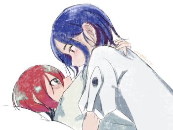 1boy 1girl amate_yuzuriha aqua_eyes arms_around_neck artist_name blue_hair boy_on_top commentary couple gundam gundam_gquuuuuux hetero looking_at_another lying on_back red_eyes red_hair shirt shuji_ito utinogohan210 white_shirt