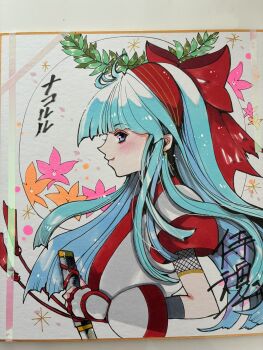 1girl ainu_clothes artist_name blue_eyes blue_hair blush breasts character_name fingerless_gloves from_side gloves hair_ribbon half-closed_eyes highres japanese_text long_hair medium_breasts nakoruru pink_lips ribbon samurai_spirits smile snk the_king_of_fighters traditional_media translated weapon