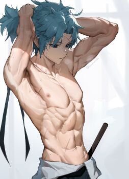 1boy absurdres black_hakama blue_eyes fate/grand_order fate_(series) hair_tie hakama highres japanese_clothes male_focus multiple_scars muscular muscular_male pectorals ponytail scar scar_on_arm scar_on_chest scar_on_face scar_on_forehead scar_on_stomach shin_ra_ra shinai short_ponytail solo sword topless_male toudou_heisuke_(fate) toudou_heisuke_(final_ascension)_(fate) tying_hair weapon white_background white_hair wooden_sword