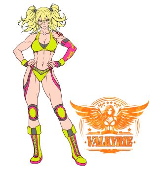 1girl blonde_hair boots hands_on_own_hips highres muscular muscular_female original solo tagme taroimo_(00120014) twintails wrestler wrestling_outfit