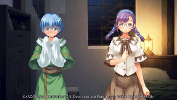 1boy 1girl asymmetrical_bangs atelier-moo bed blue_eyes blue_hair blush braid breasts brown_ribbon brown_skirt cheryl_christia chest_of_drawers christpher_cross clenched_hand closed_mouth company_name copyright_notice cowboy_shot embarrassed game_cg glasses green_robe grey_eyes hair_between_eyes hairband hand_on_own_chest hand_up hands_up hooded_robe indoors lamp large_variant_set layered_sleeves long_hair long_sleeves looking_at_viewer loose_clothes low_twin_braids medium_breasts night non-web_source official_art oversized_clothes pillow purple_hair ribbon robe sash school_uniform shirt short_hair short_over_long_sleeves short_sleeves side-by-side skirt sleeves_past_fingers sleeves_past_wrists standing twin_braids variant_set white_shirt wide-eyed window yuukyuu_gensoukyoku yuukyuu_gensoukyoku_revival