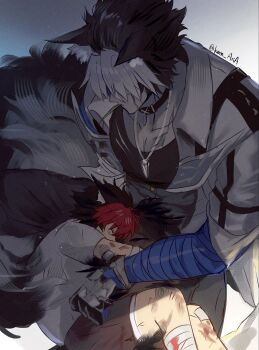 2boys aged_down animal_ear_fluff animal_ears bandaged_arm bandaged_leg bandages black_gloves black_hair black_pants black_shirt blood blood_on_leg blue_bandages brown_shorts bruise bruise_on_arm bruise_on_leg cargo_pants child choker closed_eyes collarbone dog_boy dog_ears gloves grey_background hair_over_eyes hashtag-only_commentary highres hugging_own_tail hugging_tail injury jacket komano_manato komano_manato_(white_heart_silhouette) leaf_in_mouth lying min_(kmn_aria) multicolored_hair multiple_boys multiple_scars muscular muscular_male on_side pants pectorals red_hair scar scar_across_eye scar_on_chest scar_on_face shirt shorts sleeves_rolled_up spiked_jacket tail torn_clothes torn_shirt twitter_username white_hair white_jacket white_shirt white_tail zenless_zone_zero