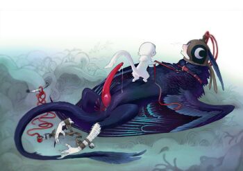 bird_legs blindfold blue_feathers blue_tail blue_wings blush body_fur collar creature falconry_hood feathers fraid harpy highres holding holding_leash jejejunum leash monster monster_girl nethermare no_humans original penis plant_roots red_collar red_penis restraints secret_(jejejunum) size_difference whisper_(jejejunum) white_fur white_tail wings