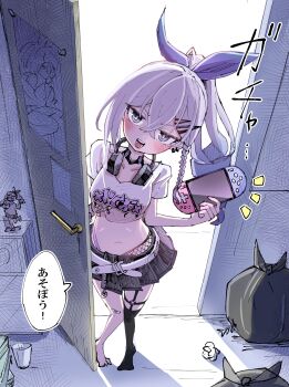 1girl 6sakuu absurdres black_choker black_skirt black_thighhighs blush breasts choker cropped_shirt doorway hair_ornament hairpin handheld_game_console headphones headphones_around_neck highres holding holding_handheld_game_console honkai:_star_rail honkai_(series) looking_at_viewer medium_breasts medium_hair nintendo_switch official_alternate_costume open_mouth shirt silver_wolf_(honkai:_star_rail) silver_wolf_(samsung)_(honkai:_star_rail) skirt smile solo teeth thighhighs tongue tongue_out trash_bag upper_teeth_only white_hair white_shirt
