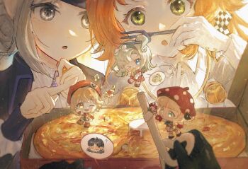 &gt;_o 1boy 5girls :o ;d ? absurdres backlighting beret black_coat black_gloves blonde_hair blue_eyes bow chibi chibi_inset coat collared_shirt dress drinking_straw eating ezra_theodore food food_in_mouth fork gloves green_eyes grey_eyes grey_hair hair_bow hair_bun hand_up hands_up hat highres holding holding_drinking_straw holding_food holding_fork index_finger_raised looking_at_another looking_at_object looking_at_viewer mangxia_xiang_chi_mangguo matilda_bouanich matilda_bouanich_(the_great_taste_investigator) medium_hair mini_person miniboy minigirl mittens multiple_girls mushroom official_alternate_costume on_food one_eye_closed one_side_up open_mouth orange_eyes orange_hair pizza pizza_box pointing polka_dot polka_dot_dress polka_dot_headwear pov pov_hands red_dress red_hat red_mittens regulus_(pizza_hut)_(reverse:1999) regulus_(reverse:1999) reverse:1999 shirt short_hair single_side_bun smile sonetto_(reverse:1999) spoken_character standing vertin_(reverse:1999) white_dress white_gloves white_shirt z_(reverse:1999)