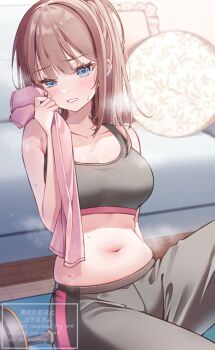 1girl belly breasts character_request itoi_toi large_breasts midriff navel pants plump sweat sweatdrop tagme
