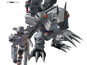 Rule 34 | android, andromon, armor, black bodysuit, bodysuit, cowboy shot, digimon, digimon (creature), evolutionary line, full body, highres, mugendramon, non-humanoid robot, nzx78, robot, robot dragon, sharp teeth, shoulder cannon, simple background, teeth, white background