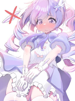 1girl blue_archive blush dress drill_hair embarrassed frilled_dress frills gloves hair_ornament halo long_hair magical_girl multicolored_hair no_panties otintinsukidesu pink_hair purple_dress purple_eyes purple_hair reisa_(blue_archive) reisa_(magical)_(blue_archive) skindentation solo standing star_(symbol) star_hair_ornament striped_clothes striped_thighhighs sweat thighhighs twin_drills wavy_mouth white_background white_dress white_gloves wing_hair_ornament
