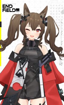 Rule 34 | 1girl, :d, absurdres, angelina (arknights), animal ear fluff, animal ears, arknights, arknights: endfield, bare shoulders, black gloves, blush, breasts, brown hair, coat, commentary, copyright name, cowboy shot, dot nose, dress, elbow gloves, english commentary, fox ears, fox girl, gilberta (arknights), gloves, grey dress, high collar, highres, impossible clothes, impossible dress, infection monitor (arknights), keaworks, long hair, looking at viewer, medium breasts, off shoulder, one eye closed, open clothes, open coat, open mouth, red coat, red eyes, short dress, sleeveless, sleeveless dress, smile, solo, straight hair, twintails, white background